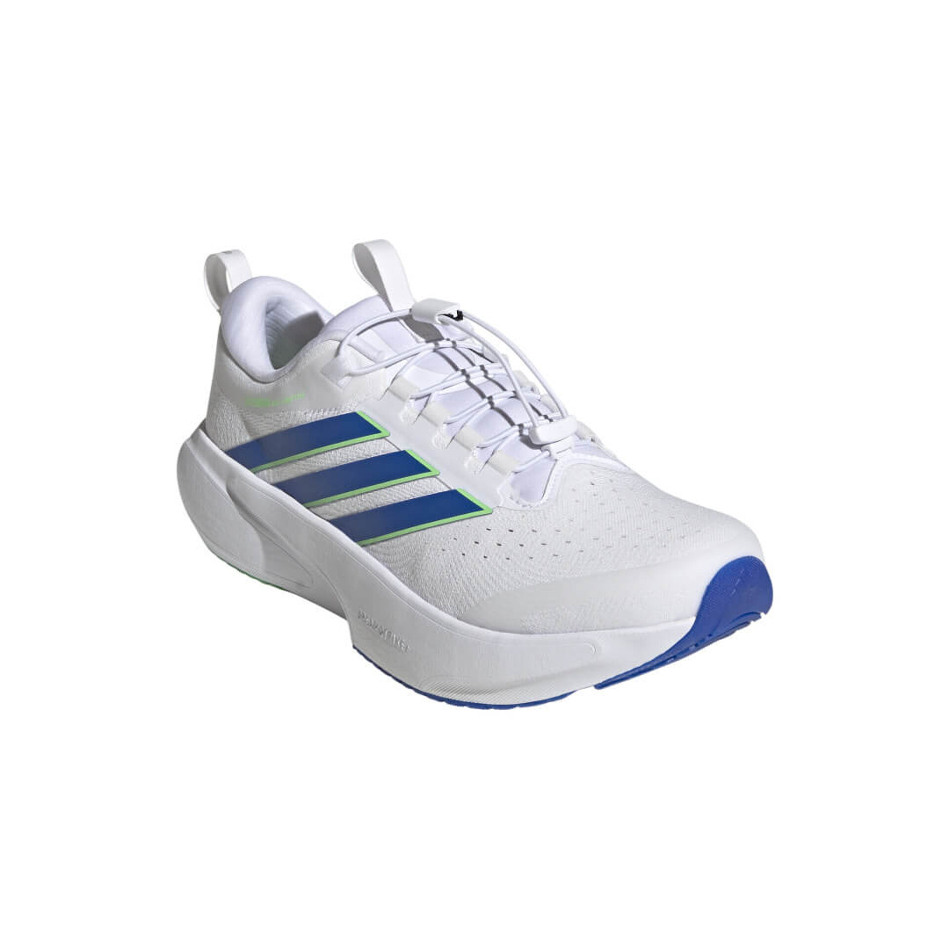 Produktfoto von weißem Supernova-Schuh mit blauer Sohle, blauen adidas-Streifen und kleinen neongrünen Akzenten.